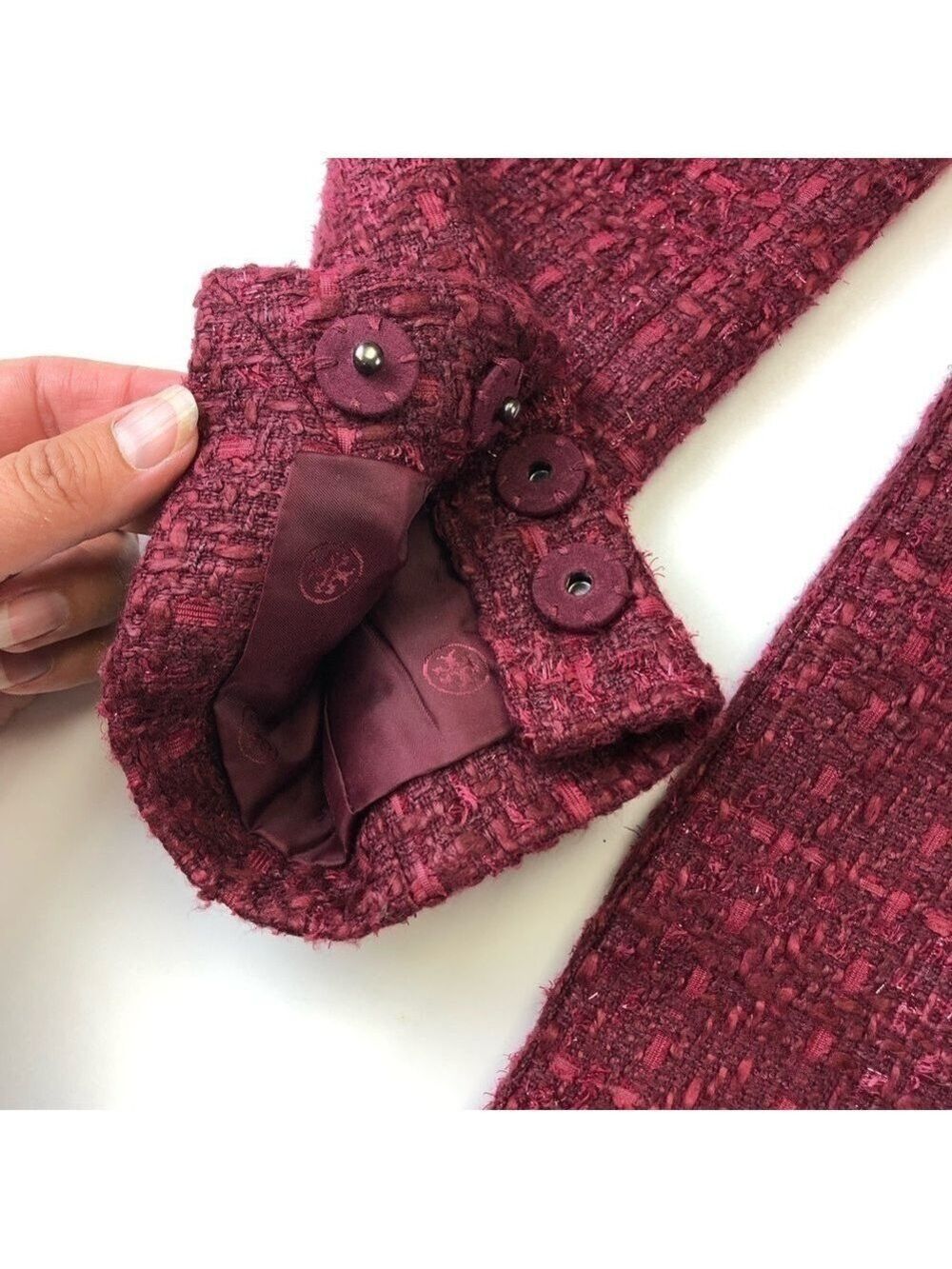 Tory Burch Patsy Glazed Tweed dark plum long line coat Size 2 appliqué embellish - Picture 11 of 14